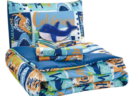 WPM Kids Collection Bedding 5 Piece Blue Ocean Life Full Size Comforter Set with Sheet Pillow sham and Whale Pillow Fun Sun Water surf Design Ocean Life Whale (Ocean Life Whale, Full Comforter)