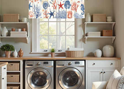 Coastal Kitchen Valance, Blue Ocean Coral Starfish Seashell Short Curtains for Windows, Nautical Sea Beach Summer Decoration Cafe Curtain, Thermal Insulated Room Darkening Short Curtain 54x18 Inch