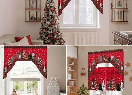 Red Christmas Tree Buffalo Plaid Curtain Valance for Window,Farmhouse Swag Curtains,Snowy Forest Farmhouse Valance for Kitchen Bathroom Bedroom,Rod Pocket Window Valance Curtains Over Sink 56"W x 36"L