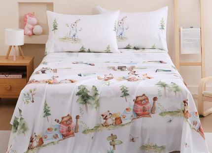 Yibeizi Camper Themed Sheet Set Twin Size Kids Woodland Animals Bedsheets