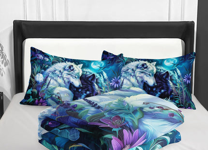 Nttopship Wolf Print Comforter Set King Size,White and Black Wolf in Flowers Bedding Set, Night Sky Forest Animals Printed Quilted Set for Girls Boys Adult,with 1 Comforter and 2 Pillow Case