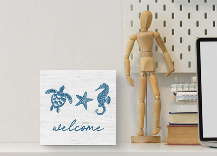 JRTW Welcome Rustic Summer Beach Wood Box Sign, 5x5 inches, Modern Starfish Theme, Tabletop Mount, Home & Office Decor