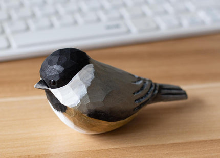 INF-STAR Handmade Black-Capped Chickadee Bird Figurine, Wooden Black-Capped Chickadee Carving, Unique Small Bird Statue for Home Décor or Collectible Gift
