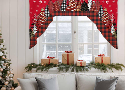 Red Christmas Tree Buffalo Plaid Curtain Valance for Window,Farmhouse Swag Curtains,Snowy Forest Farmhouse Valance for Kitchen Bathroom Bedroom,Rod Pocket Window Valance Curtains Over Sink 56"W x 36"L