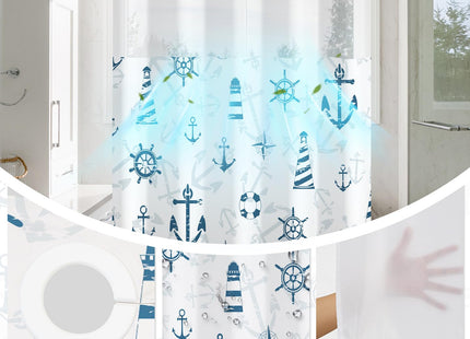 TQUQOBU No Hook Shower Curtain with Snap in Liner, Nautical Double Layers Waterproof Polyester Fabric Shower Curtain, Coastal Lighthouse Anchor Shower Curtains for Bathroom Decor, 71x74 Inch