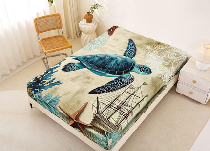 3D Sea Turtle Bedding Set for Boys Kids Girl Ocean Beach Themed 3 Piece Fitted Sheet Children Teens Retro Tortoise Bed Sheet Set Hawaiin Reptile Turtle Printed Bed Cover for All Seasons,Blue,Full