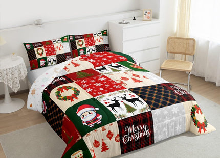 Homewish Merry Christmas Comforter Set Twin Size,Xmas Deer Santa Claus Pine Tree Bedding Set for Kids Girls Boys Red Green Grid Patchwork Plaid Quilt Set Winter Snowflake Duvet Insert,1 Pillowcase