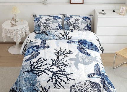 Homewish Sea Turtle Comforter Set Full Size,Coral Bedding Set 3pcs for Kids Boys Girls Adults Room Decor,Ocean Creature Quilt Set White Navy Blue Microfiber Duvet Insert with 2 Pillowcases