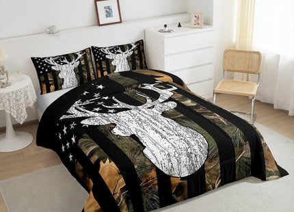 Camouflage Deer Comforter Set Twin Woodland Tree Botanical Camo Flag Bedding Set Hunting American Flag Comforter For Kids Boys Teen Men,Nature Conifer Oak Branches Leaf Quilt Duvet Black Brown 2 Pcs