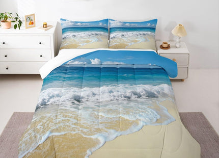 Ocean Wave Comforter Set for Kids Boys Girls Teens Twin, Hawaiian Beach with Foamy Waves Down Comforter, Sea Shore Holiday Theme All Season Quilted Duvet Coastal Nature Theme Soft Lightweight