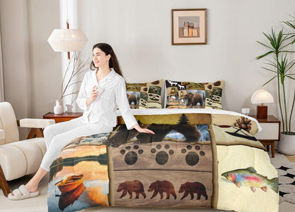 Feelyou Rustic Farmhouse Bear Twin Comforter Set with Sheets for Kids Boys Girls Hunting Wild Animal 7 Pieces Bedding Set Patchwork Cabin Lodge Bed in a Bag Room Decor Soft Microfiber