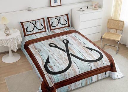 Lake House Fishing Theme Kids Comforter Set Queen Size,Fish Hook Anchor Nautical Bedding Set,Girls Boys Adults Room Decor,Teal Wooden Plank Rustic Down Comforter,Retro Duvet Insert,2 Pillowcases