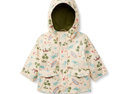 Amazon Essentials Toddler Boys' Water-Repellent Rain Jacket with Quilted Lining, Light Tan Frogs, 4T