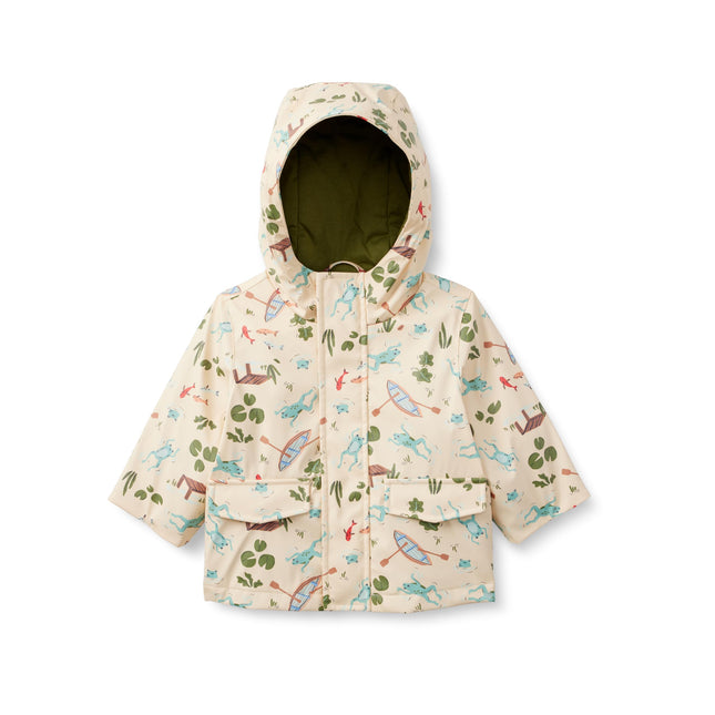 Amazon Essentials Toddler Boys' Water-Repellent Rain Jacket with Quilted Lining, Light Tan Frogs, 4T