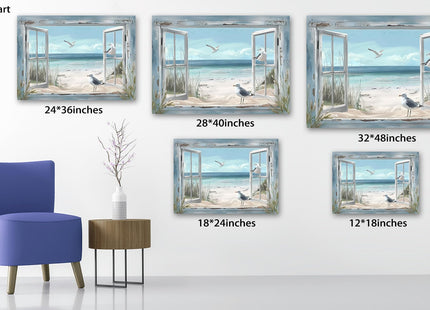 Beach Canvas Wall Art, Ocean with 3D Beach Window Pictures, Coastal Bird Seascape Canvas Prints Artwork, Nature Coastal Scenery Painting for Living Room Bedroom Bathroom Office Home Decor 12x18 Inch