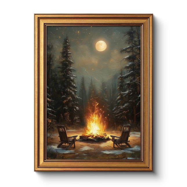 Vintage Gold Framed Winter Landscape with Campfire Wall Art, 12x16 Inch Canvas Print of Moonlit Snowy Forest and Fire Painting, Rustic Living Room Cabin Office Home Christmas Holiday Decor (Bonfire, 12"X16", Framed)