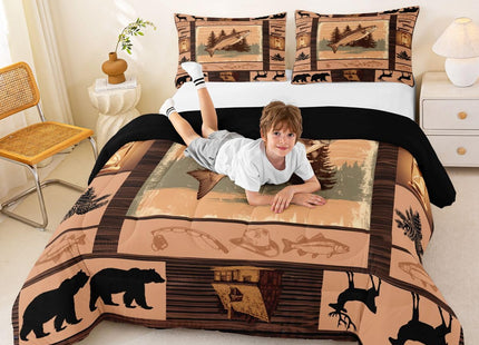 Feelyou Fish Comforter Set Kids Ocean Animals Comforter for Boys Teens Go Fishing Bedding Set Breathable Farmhouse Theme Wood Grian Brown Duvet Set King Size Quilt Set