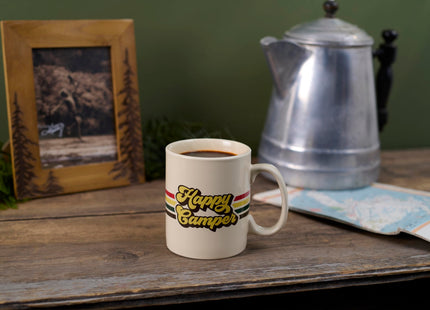 Primitives by Kathy Happy Camper Stoneware Coffee Mug, 18 oz, Double-Sided Retro Stripe Camp Cup | Lake & Cabin Kitchen Drinkware & Outdoor Adventure Gift