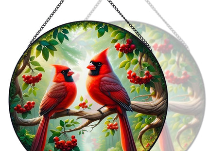 RIVEENY Stained Glass Cardinal Suncatchers, Male & Female Cardinal Sun Catcher Window Hangings, Cardinal Stained Glass for Home Decor, Red Birds Suncatchers Gifts for Mom Women 20cm/7.87inch
