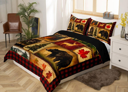 Bear Cabin Plaid Duvet Cover King, Rustic Farmhouse Comforter Cover, Retro Hunting Deer Bedding Set, Country Woodland Pine Tree Bed Cover, Maple Leaf Lodge Decor Quilt Cover, Red Black Brown