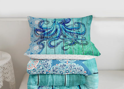 Erosebridal Octopus Print Comforter Twin Ocean Themed Bedding Set Boho Mandala Duvet Set Blue Coral Quilt Set 2pcs Sea Wildlife Down Alternative Comforter with 1 Pillowcase Blue Bedroom Comforter Set