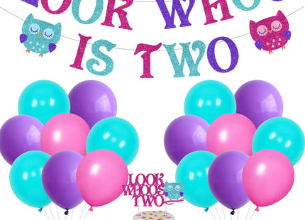 Owl Themed 2nd Birthday Party Decorations, with Look Whoo Is Two Owl Banner Cake Topper Purple Pink Balloon Set, for Kids Cute Owl 2 Years Old Birthday Party Supplies