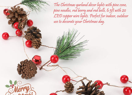 Luditek Christmas Garland with Lights, Red Berry Pine Cone 6.5FT 20 LED Garland Lights Battery Operated, led Garland String Lights, Christmas Decorations Indoor for Home Fireplace Mantel Xmas Decor