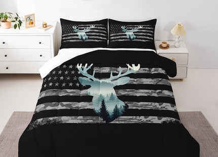 Feelyou Camo Hunting Bedding Set - Twin Size, Forest Smoky Deer Comforter, American Flag Duvet Set with 1 Pillow Case