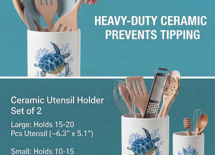 Bokon 2 Pack Ceramic Utensil Holder, Coastal Kitchen Crocks, Sea Turtle