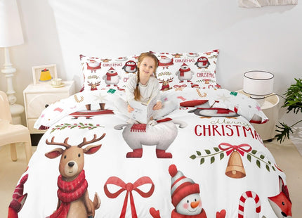 Erosebridal Kids Christmas Bedding Set Twin Size, Deer Cute Animal Duvet Cover for Children Boys Girls Bedroom Decor, Santa Claus Snowman Quilt Cover, Branches Winter Theme Comforter Cover, White
