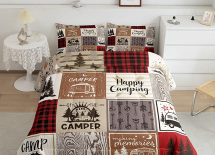 Erosebridal Short Full Comforter for Rv Camper Happy Camping Bunk Comforter Set Rv Camper Accessories Bedding for Travel Trailers, Patchwork Buffalo Plaid Pine Tree Arrow Quilt Set Red Brown