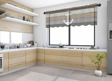 Pinroote Beige Gray Ombre Wood Sheer Valance, 54"x18" Light Filtering Kitchen Curtain Valances, Beach Nautical Anchor Ocean Coastal Chiffon Rod Pocket Living Room/Bedroom/Cafe Curtains