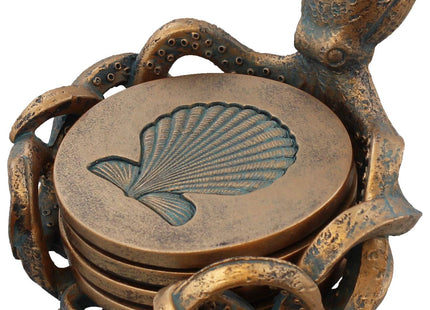 Octopus Coaster Set - Nautical Ocean Beach Sea Shell Coastal Decor - Bronze/Verdigris Finish