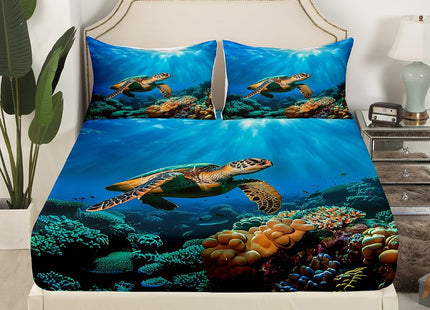 Sea Turtle Fitted Sheet Twin, Tortoise Print Bedding Set, Reptile Sea