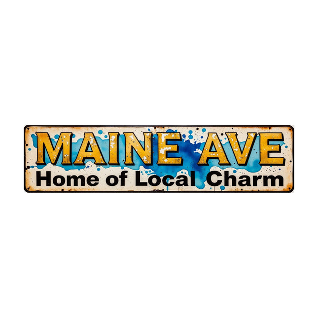 Vintage Street Sign Style Maine Ave Home Of Local Charm Easy Hang Tin Decor For Porch Cabin Lake House 4x16 Inches
