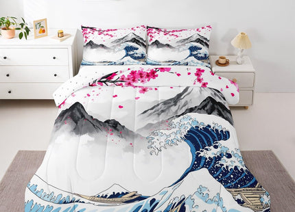 Erosebridal Japanese Style Bedding Set Pink Cherry Blossom Comforter Set Queen,Ocean Wave Duvet Insert Fuji Mountain Quilt Set,Japanese Ukiyoe Theme Quilted Comforter 3Pcs with 2 Pillowcases Soft Cozy