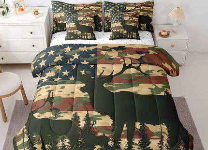 Erosebridal American Flag Camo Deer Full Comforter Set 7 Piece,Rustic Cabin Deer Bed in a Bag Farmhouse Animal Decor for Home,Western Bedding Sets with Fitted Sheet,Flat Sheet,Pillowcases & Shams