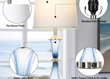 Rinweey Blue Glass Table Lamp Set of 2 with USB C+A Ports & AC Outlet, Bedside Lamp, Modern Bedroom Lamps, Coastal Lamp for Night Stands Bedroom Living Room,Nightstand Lamp LED Bulbs Included