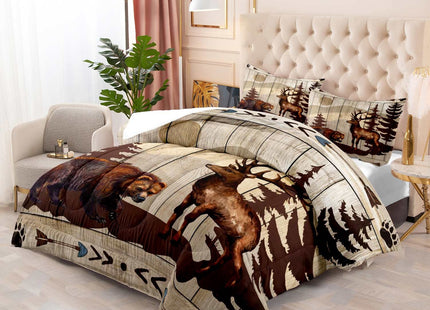 LUVIVIHOME 2PCS Brown Bear Deer Comforter Set Twin Size, Rustic Cabin Bedding, Pine Tree Forest Animal Elk Moose Wildlife Country Lodge Farmhouse Quilt, Hunting Gifts for Men Hunters, 1 Pillow Sham