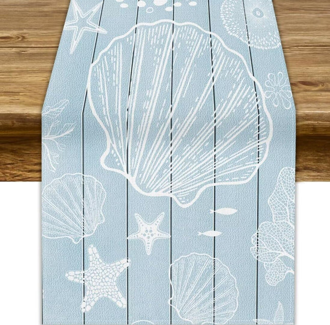 JanJCurt Beach Starfish Table Runner, Farmhouse Nautical Barn Wooden Plank Ocean Vintage Pastel Blue Teal Print Table Runner for Kitchen Dining Room Wedding Party Decor 13x36 Inch