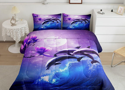 Galaxy Dolphin Bedding Set Twin Coastal Ocean Waves Comforter Set Night Star Moon Cherry Blossoms Comforter For Kids Girls Teens Sea Animal Starry Sky Quilt Duvet Purple Blue Marine Room Decor 2 Pcs