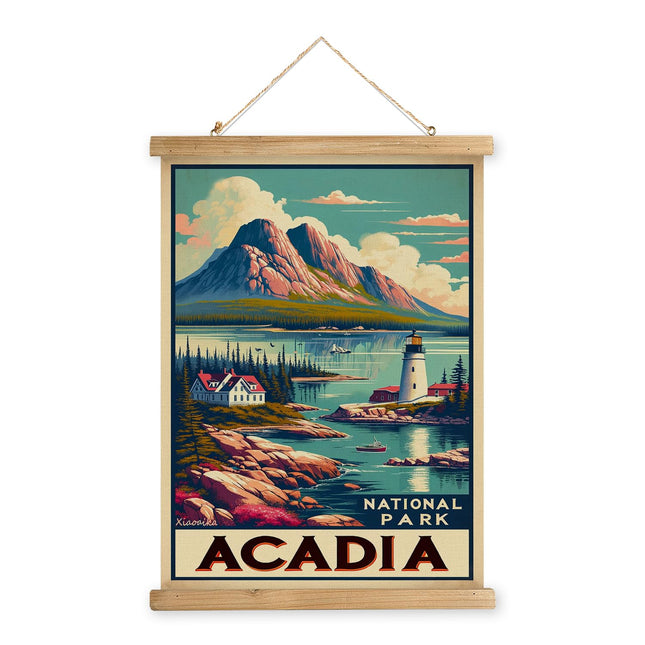 XIAOAIKA Vintage Acadia National Park Travel Poster with Wooden Scroll Frame – Holiday Decoration or Gift for Living Room, Bedroom, Office Wall Decor, Retro Art Print 16 x 23 Inches