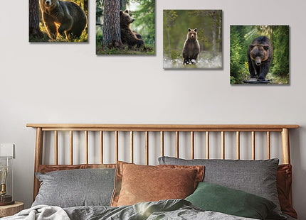 OTOSTAR 4 Pieces Wall Art Canvas Prints - Forest and Bear Picture Painting - Modern Wall Artwork Framed for Gifts Bathroom Home Kitchen Office Decor - 12 x 12 Inch