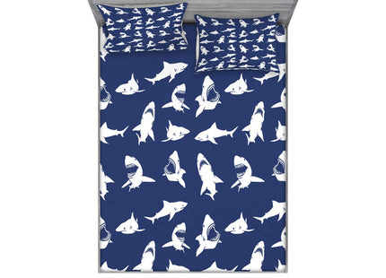 Ambesonne Shark Fitted Sheet & Pillow Sham Set, Fish Pattern Various Gestures Have a Bite Danger Humor Nautical Design, Decorative Printed 3 Piece Bedding Decor Set, Full, Violet Blue