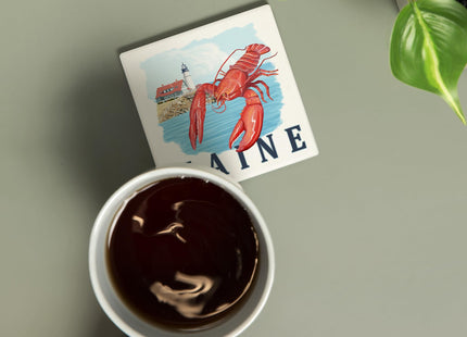 Lantern Press Maine, Lobster and Portland Lighthouse (Absorbent Ceramic Coaster, Single, Cork Back, Kitchen Table Decor)