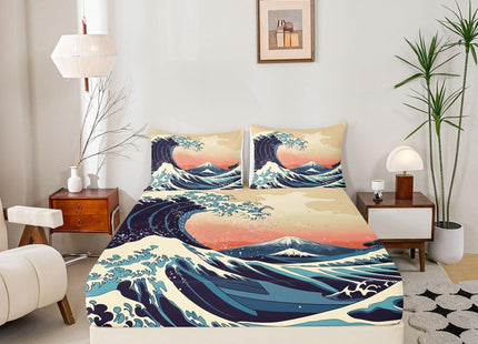 Erosebridal Wave Fitted Sheet Full Size, Japanese Ukiyo-e Ocean Waves Design Blue & Cream Bedding Set with Pillowcases, Hand-Drawn Nautical Theme Decorative Luxury Bed Sheets (3-Piece)