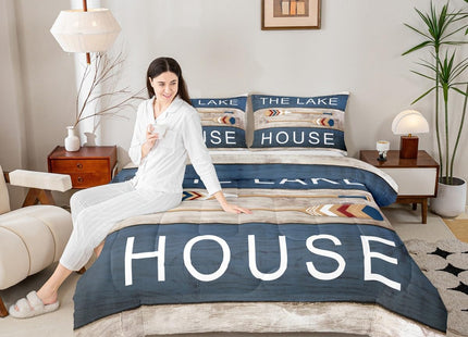 Castle Fairy Lake House Theme Comforter Set,Rustic Farmhouse Bedding Set for Kids Girls Women,Adults Lake Paddles Comforter,Retro Wooden Quilted Duvet Set Bedroom Collection Twin Size 2Pcs