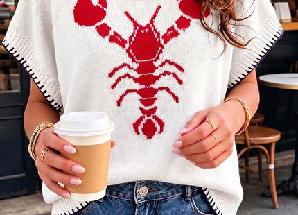 Womens Lobster Sweater Vest Casual Crawfish Knit Shirts Tops White Red XL