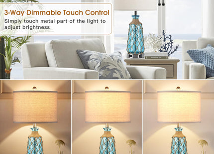 Ruzectt 25.5" Coastal Glass Table Lamps Set of 2, 3-Way Dimmable Touch Control Bedside Lamps with 2 USB Ports and AC Outlet, Blue Nautical Nightstand Lamps for Bedroom Living Room (LED Bulbs Included)