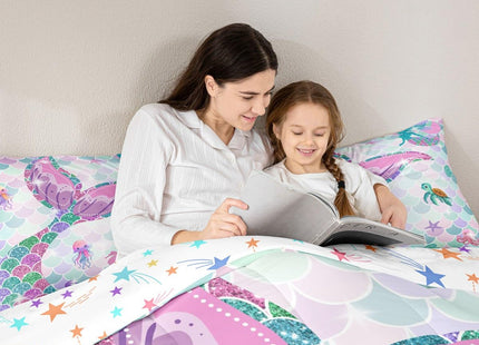 Erosebridal Mermaid Tail Bedding Set,Nautical Sea Animal Kawaii Down Comforter Queen Size,Fish Scale Sparkle Sequins Comforter Set Sea Turtle Octopus Duvet Filler Jellyfish Seahorse Bedroom Decor